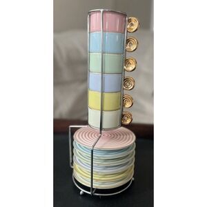 6 Pc Espresso Cup Saucer Set w Rack Pastel Porcelain Gold Handle 2.5in Rare Find